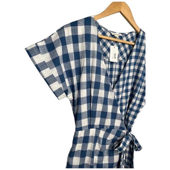New Mainstrip Gingham V Neck Tie Wrap Front Romper Plaid Blue S - Picture 3 of 15